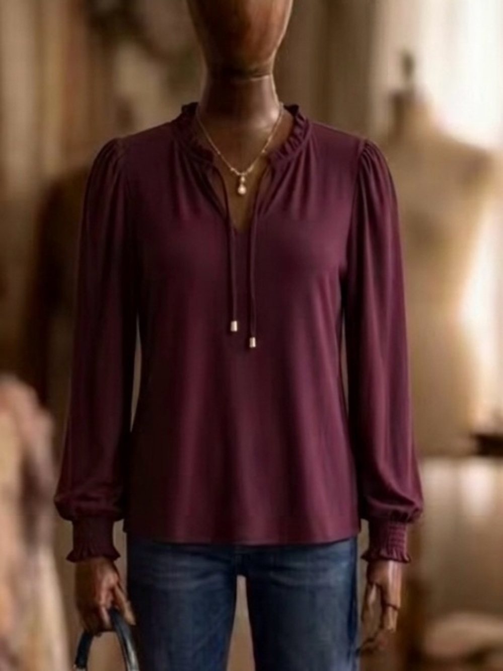 Calvin Klein Plum Purple Ruffle Tie-Neck Long Sleeve Blouse Gold Hardware Size S